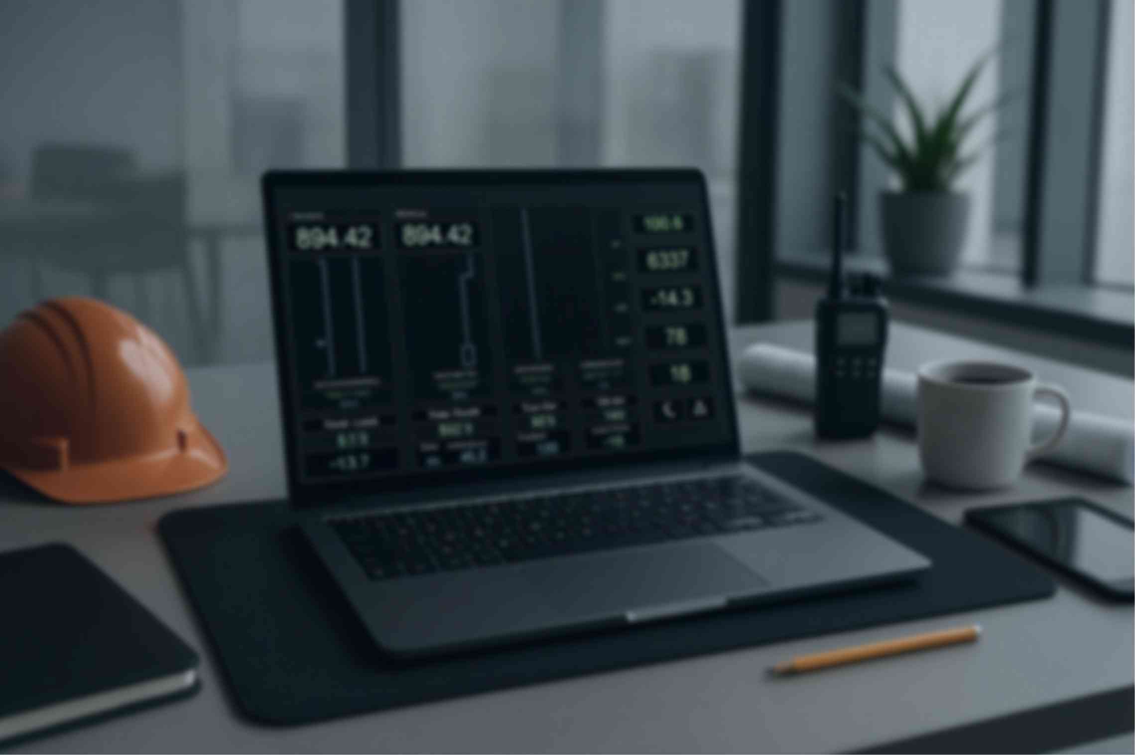 Desk with a laptop showing a live drilling telemetry dashboard, a hard hat and a two-way radio.