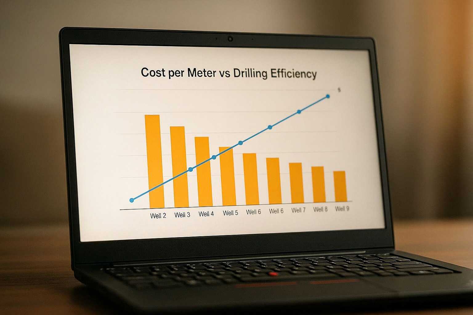 Laptop displaying a chart titled Cost per Meter vs Drilling Efficiency: cost bars fall well after well while the efficiency line rises.